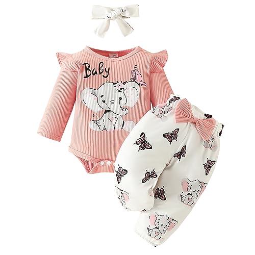 Neugeborenes Baby M?dchen Outfit Kleinkinder Baumwolle Langarm Strampler Body Langes Hose Schleife Stirnband 3tlg 1. Geburtstag Party Casual Fr?hling Herbst Bekleidungsset Pfirsich Elefant 6-9 Monate von FYMNSI