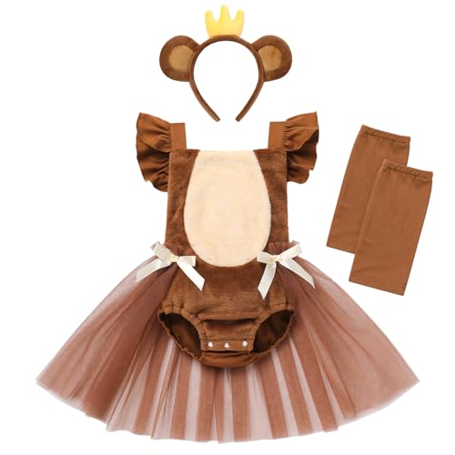 Neugeborenes Baby Mädchen Affe Kostüm Halloween Cosplay 1. Erster Geburtstag Outfit Ein Jahr alt Party Prinzessin Tüll Tutu Strampler Kleid Beinwärmer Stirnband 3tlg Set Festkleid Braun 0-6 Monate von FYMNSI