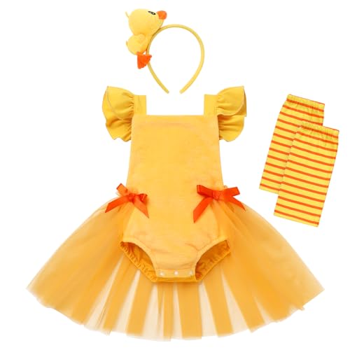 Neugeborenes Baby Mädchen Ente Kostüm Halloween Cosplay 1. Erster Geburtstag Outfit Ein Jahr alt Party Prinzessin Tüll Tutu Strampler Kleid Beinwärmer Stirnband 3tlg Set Festkleid Gelb 0-6 Monate von FYMNSI