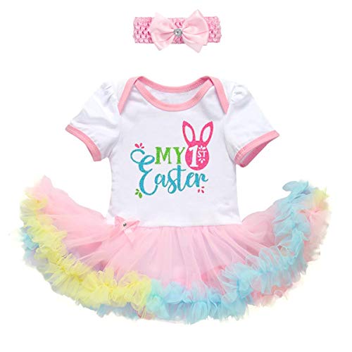 Neugeborenes Baby Mädchen Mein Erstes Ostern Outfit Baumwolle Kurzarm Tütü Prinzessin Body Kleid Strampler mit Schleife Stirnband 2tlg Bekleidungsset Partykleid Fotoshooting Kostüm Weiß 3-6 Monate von FYMNSI