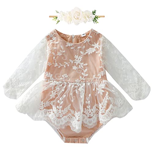 Neugeborenes Baby Mädchen Spitze Langarm Bodykleid Strampler Boho Blumen Stickerei Einteiler Prinzessin Bodysuit mit Stirnband 1. Geburtstag Outfit Taufe Fotoshooting Kostüme Weiß + Spitze 3-6M von FYMNSI