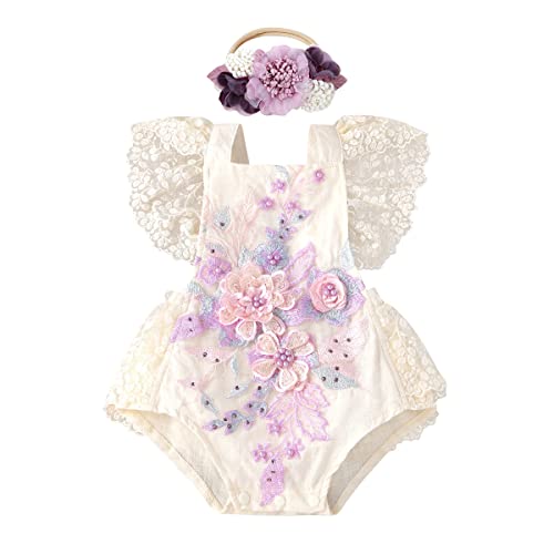 Neugeborenes Baby Mädchen Spitzen Strampler Blumen Stickerei Rüschen Ärmellos Body Einteiler Prinzessin Bodysuit Tütü Tüll Kleid mit Stirnband Fotoshooting Kostüme Sommer Bekleidungsset Violett 6-12M von FYMNSI