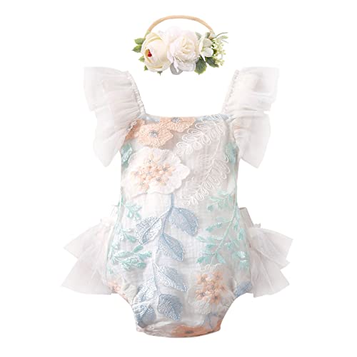 Neugeborenes Baby Mädchen Spitzen Strampler Blumen Stickerei Rüschen Ärmellos Body Einteiler Prinzessin Bodysuit Tütü Tüll Kleid mit Stirnband Fotoshooting Kostüme Sommer Bekleidungsset Weiß 0-3M von FYMNSI