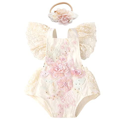 Neugeborenes Baby Mädchen Spitzen Strampler Blumen Stickerei Rüschen Ärmellos Body Einteiler Prinzessin Bodysuit Tütü Tüll Kleid mit Stirnband Fotoshooting Kostüme Sommer Bekleidung Beige +Rosa 6-12M von FYMNSI