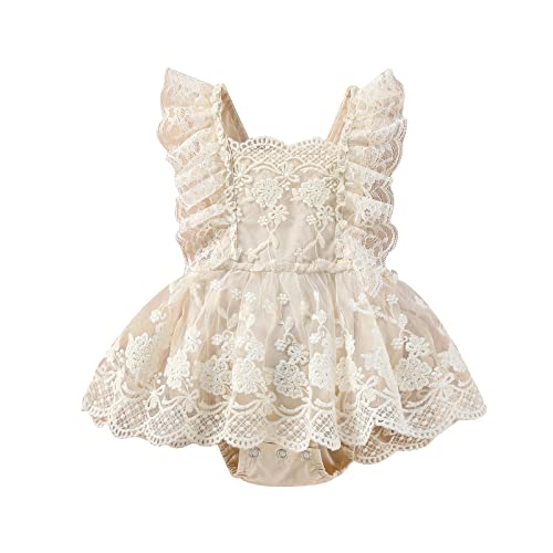 Neugeborenes Baby Mädchen Spitzen Strampler Rüschen Ärmellos Body Einteiler Prinzessin Bodysuit Tütü Kleid 1. Geburtstag Outfit Taufe Fotoshooting Kostüme Boho Romper Aprikose Spitze 0-3 Monate von FYMNSI