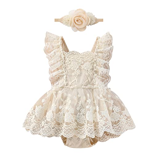 Neugeborenes Baby Mädchen Spitzen Strampler Rüschen Ärmellos Body Einteiler Prinzessin Bodysuit Tütü Kleid mit Blumen Stirnband 1. Geburtstag Outfit Taufe Fotoshooting Kostüme Aprikose 18-24 Monate von FYMNSI