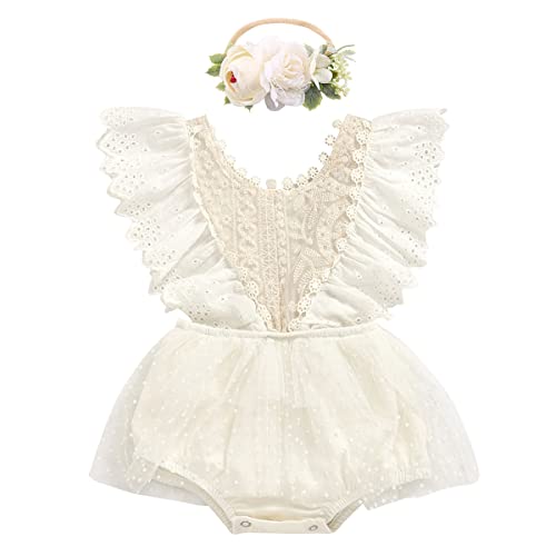 Neugeborenes Baby Mädchen Spitzen Strampler Rüschen Ärmellos Body Einteiler Prinzessin Bodysuit Tütü Tüll Kleid mit Blumen Stirnband 1. Geburtstag Outfit Taufe Fotoshooting Kostüme Beige 6-12 Monate von FYMNSI