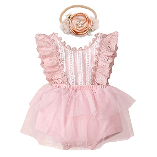 Neugeborenes Baby Mädchen Spitzen Strampler Rüschen Ärmellos Body Einteiler Prinzessin Bodysuit Tütü Tüll Kleid mit Blumen Stirnband 1. Geburtstag Outfit Taufe Fotoshooting Kostüme Rosa 6-12 Monate von FYMNSI