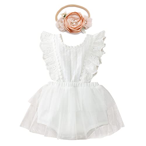 Neugeborenes Baby Mädchen Spitzen Strampler Rüschen Ärmellos Body Einteiler Prinzessin Bodysuit Tütü Tüll Kleid mit Blumen Stirnband 1. Geburtstag Outfit Taufe Fotoshooting Kostüme Weiß 12-18 Monate von FYMNSI