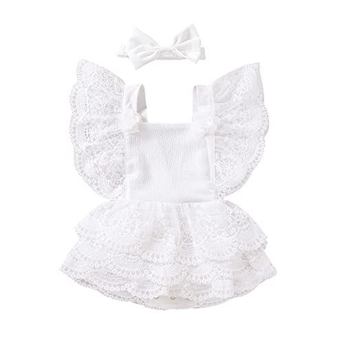 Neugeborenes Baby Mädchen Spitzenkleid Strampler Rüschen Ärmellos Body Einteiler Prinzessin Bodysuit Tütü Tüll Kleid mit Blumen Stirnband 1. Geburtstag Outfit Taufe Fotoshooting Kostüme Weiß 3-6M von FYMNSI