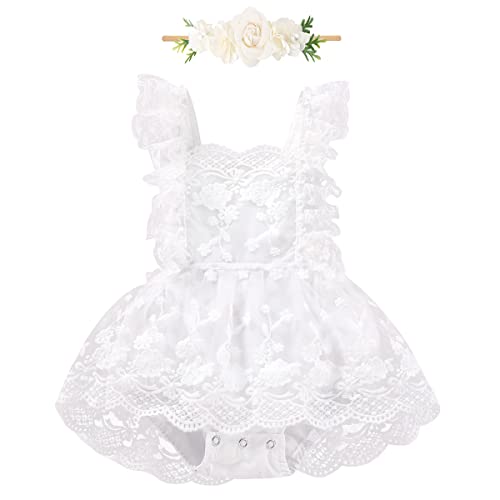 Neugeborenes Baby Mädchen Spitzenkleid Strampler Rüschen Ärmellos Body Einteiler Prinzessin Bodysuit Tütü Tüll Kleid mit Blumen Stirnband 1. Geburtstag Outfit Taufe Fotoshooting Kostüme Weiß 3-6M von FYMNSI