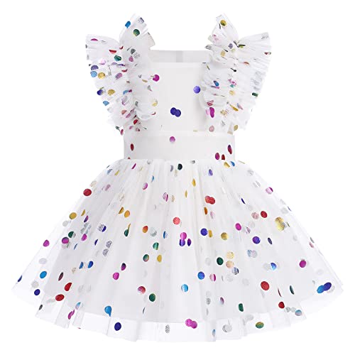 Neugeborenes Baby Mädchen Taufkleid Kleinkind 1 Jahr Party Kleid Erster Geburtstag Outfit Prinzessin Tütü Tüllkleid Bodykleid Strampler Fotoshooting Sommer Festkleid Weiß + Bunt Gepunktet 12-18 Monate von FYMNSI