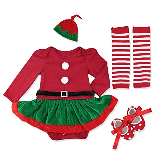 Neugeborenes Baby Mädchen Weihnachtsoutfit Mein erstes Weihnachten Bekleidungsset Prinzessin Strampler Langarm Body Kleid mit Santa Hut Schuhe Beinwärmer 4tlg Xmas Party Kleidung Outfit Grün 3-6M von FYMNSI