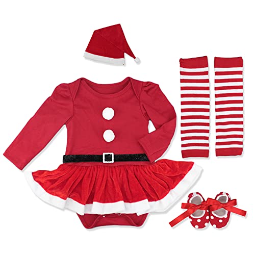 Neugeborenes Baby Mädchen Weihnachtsoutfit Mein erstes Weihnachten Bekleidungsset Prinzessin Strampler Langarm Body Kleid mit Santa Hut Schuhe Beinwärmer 4tlg Xmas Party Kleidung Outfit Rot 6-12M von FYMNSI