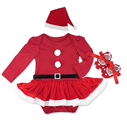 Neugeborenes Baby Mädchen Weihnachtsoutfit Mein erstes Weihnachten Bekleidungsset Winter Langarm Prinzessin Strampler Body Kleid mit Santa Hut Schuhe 3tlg Xmas Party Kleidung Outfit Rot 0-3 Monate von FYMNSI