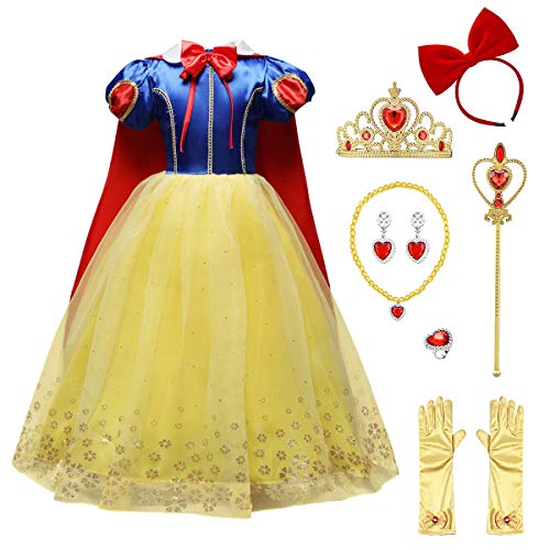 Prinzessin Schneewittchen Kostüm Kinder Mädchen Kleid mit Umhang Zubehör Karneval Geburtstag Party Kinderkostüm Snow White Märchen Cosplay Fasching Halloween Weihnachten Verkleidung Maxikleid 3-4J von FYMNSI