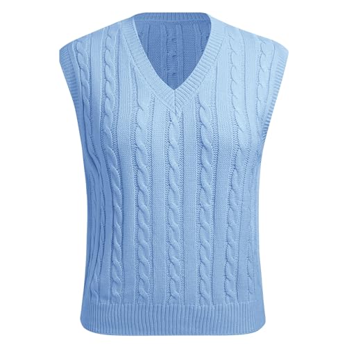 Pullunder Damen ?rmellos V-Ausschnitt Strick Pullover Basic Strickweste Einfarbig Tank Top f?r Business Freizeit Sweater Weste Frauen Elegant Strickpulli Casual Herbst Winterpullover Blau 2XL von FYMNSI