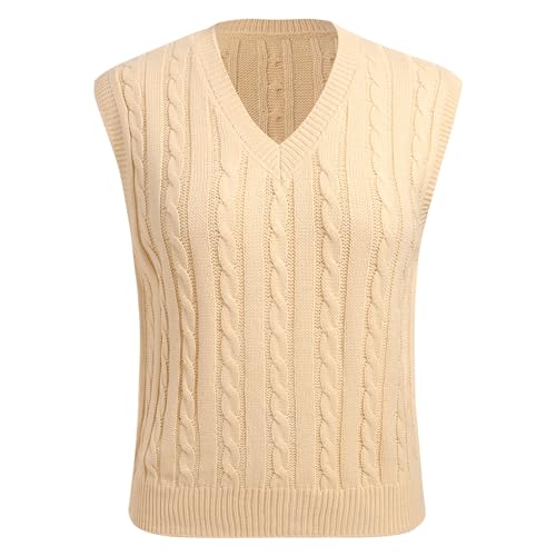 Pullunder Damen ?rmellos V-Ausschnitt Strick Pullover Basic Strickweste Einfarbig Tank Top f?r Business Freizeit Sweater Weste Frauen Elegant Strickpulli Casual Herbst Winterpullover Khaki 2XL von FYMNSI