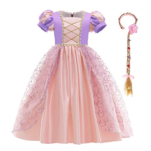 FYMNSI Kostüm Kinder Mädchen Prinzessin Cosplay Maxikleid mit Perücke Outfit für Karneval Fasching Halloween Weihnachten Geburtstag Party Ankleiden Langes Abendkleider Violett + Rosa 3-4 Jahre von FYMNSI