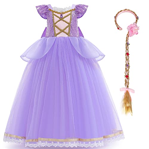 Rapunzel Kostüm Kinder Mädchen Sofia Prinzessin Karneval Cosplay Langes Tüll Kleid mit Perücke für Fasching Halloween Weihnachten Geburtstag Party Ankleiden Verkleidung Lila Pailletten 6-7 Jahre von FYMNSI