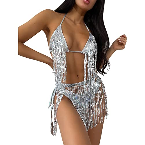 Rave Outfits für Damen Bikini Set Quasten Rock Metallic Badeanzug Holografische Pailletten BH Oberteil für Festival Disco Tanz Clubwear 90er Jahre Halloween Motto Party Kostüm Silber Quasten Set S von FYMNSI