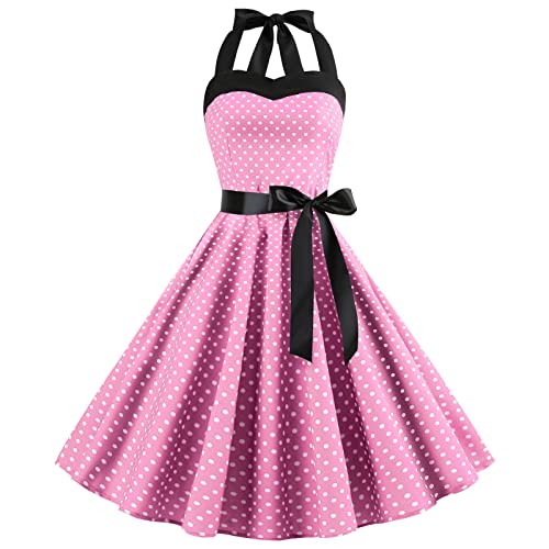 Rockabilly Kleider Damen Fasching, Petticoat Kleid 50er Jahre Festkleid a Linie Kleid Neckholder 1950er Vintage Retro Gepunkte Cocktailkleid Festliche Festkleid Midi Abendkleider Rosa Gepunktet L von FYMNSI