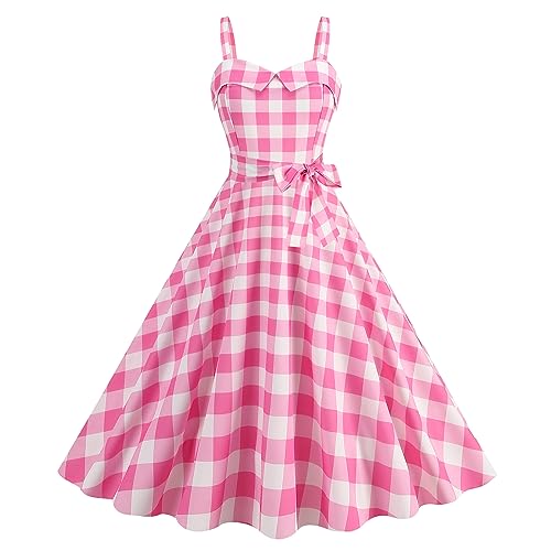 Rockabilly Kleider Damen Vintage 1950er Jahre Outfit Plaid Partykleid Festliches Festkleid Cocktailkleid Brautkleid Ballkleider Abendkleider Elegant f?r Hochzeit 60er Petticoat Kleid Rosa Kariert XL von FYMNSI