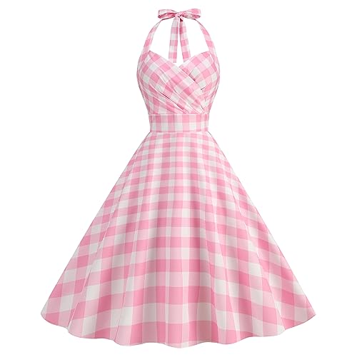 Rockabilly Kleider Damen Vintage 1950er Jahre Outfit Rosa Plaid Partykleid Festliches Festkleid Cocktailkleid Brautkleid Ballkleider Abendkleider Elegant f?r Hochzeit 60er Petticoat Kleid Hellrosa M von FYMNSI