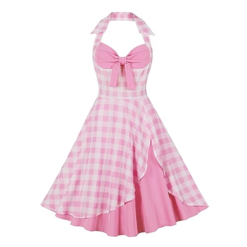 Rockabilly Kleider Damen Vintage 1950er Jahre Outfit Rosa Plaid Partykleid Festliches Festkleid Cocktailkleid Brautkleid Ballkleider Abendkleider Elegant für Hochzeit 60er Petticoat Kleid Rose 3XL von FYMNSI