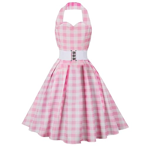 Rockabilly Kleider Damen Vintage 1950er Jahre Outfit Rosa Plaid Partykleid Festliches Festkleid Cocktailkleid Brautkleid Ballkleider Abendkleider Elegant für Hochzeit Petticoat Kleid Rosa + Weiß 2XL von FYMNSI