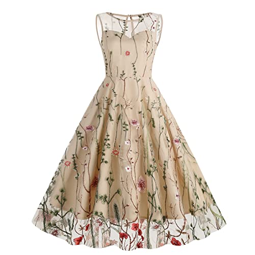 Rockabilly Kleider Damen Vintage 50er Jahre Outfit Retro Blumen Stickerei Ärmellos Partykleid Festliches Ballkleid Knielang Cocktailkleid Sommerkleid Besondere Kleid für Hochzeitsgäste Aprikose M von FYMNSI