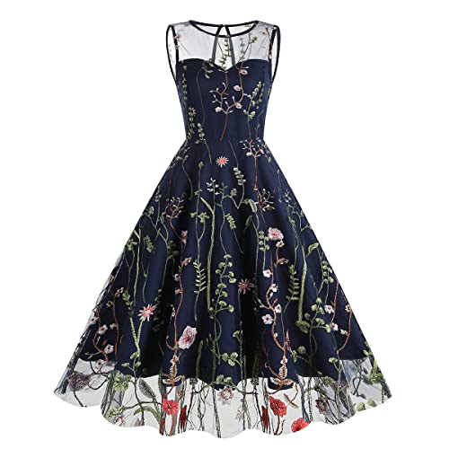 Rockabilly Kleider Damen Vintage 50er Jahre Outfit Retro Blumen Stickerei Ärmellos Partykleid Festliches Ballkleid Knielang Cocktailkleid Sommerkleid Besondere Kleid für Hochzeitsgäste Dunkelblau XL von FYMNSI