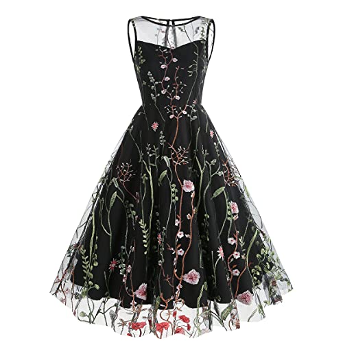 Rockabilly Kleider Damen Vintage 50er Jahre Outfit Retro Blumen Stickerei Ärmellos Partykleid Festliches Ballkleid Knielang Cocktailkleid Sommerkleid Besondere Kleid für Hochzeitsgäste Schwarz XL von FYMNSI