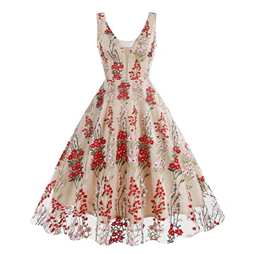 Rockabilly Kleider Damen Vintage 50er Jahre Partykleid Retro Blumen Stickerei 1950er Festliches Ballkleid V-Ausschnitt Ärmellos Cocktailkleid Sommerkleid Midikleid Abendkleid Aprikose + Rot Blumen L von FYMNSI