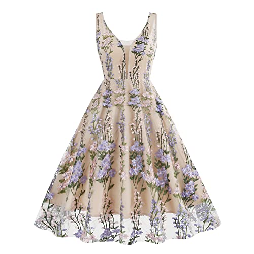 Rockabilly Kleider Damen Vintage 50er Jahre Partykleid Retro Blumen Stickerei 1950er Festliches Ballkleid V-Ausschnitt ?rmellos Cocktailkleid Sommerkleid Midikleid Hochzeit Abendkleid Violett XXL von FYMNSI