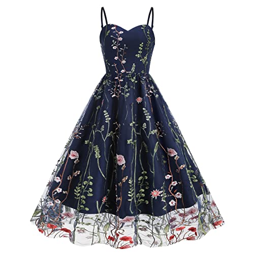 Rockabilly Kleider Damen Vintage 50er Jahre Retro Blumen Stickerei Trägerkleid Partykleid Festliches Ballkleid Knielang Cocktailkleid Sommerkleid Besondere Kleid für Hochzeitsgäste Marineblau S von FYMNSI