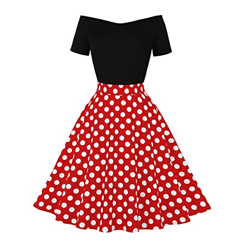 Rockabilly Kleider Damen Vintage Gepunktet Schulterfrei Kurzarm A-Linie Partykleid 50er Jahre Retro Schwingen Kleid Faltenrock Festliches Cocktailkleid Midi Abendkleid Elegant f?r Hochzeit Rot M von FYMNSI