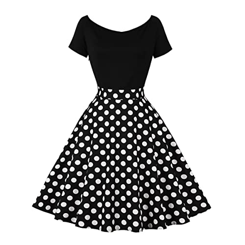 Rockabilly Kleider Damen Vintage Gepunktet Schulterfrei Kurzarm A-Linie Partykleid 50er Jahre Retro Schwingen Kleid Faltenrock Festliches Cocktailkleid Midi Abendkleid Elegant f?r Hochzeit Schwarz XXL von FYMNSI