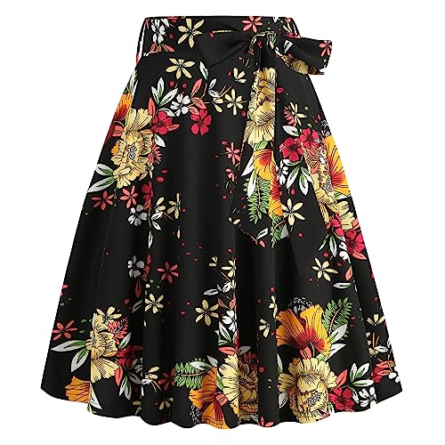 Rockabilly Rock Damen Vinatge 1950er Damenrock Sommer Knielang Retro Blumen Festliche Röck mit Gürtel Faltenrock Tellerrock Elastische Hohe Taille Swing Plissee A-Linie Glockenrock Schwarz + Gelb XXL von FYMNSI