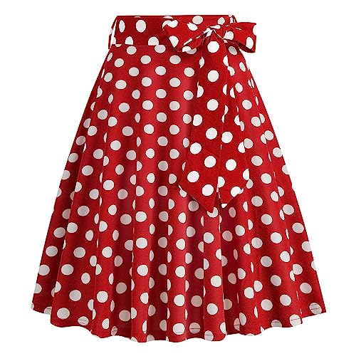 Rockabilly Rock Damen Vinatge 1950er Damenrock Sommer Knielang Retro Gepunktet Festliche Röck mit Gürtel Faltenrock Tellerrock Elastische Hohe Taille Swing Plissee A-Linie Glockenrock Rot M von FYMNSI