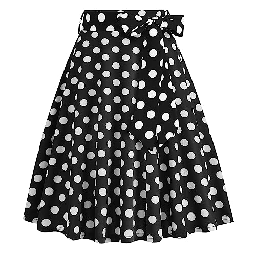 Rockabilly Rock Damen Vinatge 1950er Damenrock Sommer Knielang Retro Gepunktet Festliche Röck mit Gürtel Faltenrock Tellerrock Elastische Hohe Taille Swing Plissee A-Linie Glockenrock Schwarz S von FYMNSI