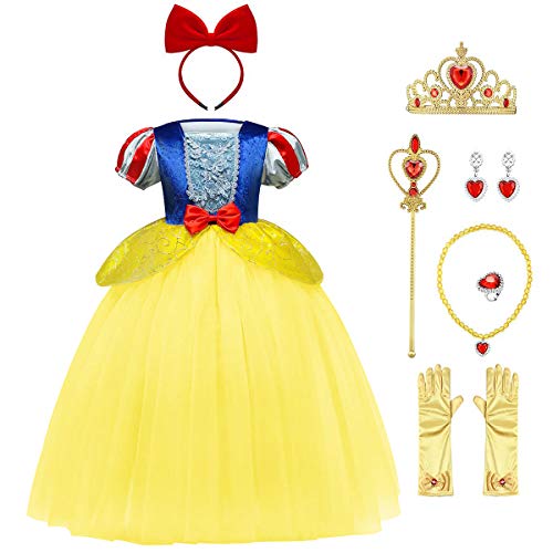 Schneewittchen Kostüm Kleid für Kinder Mädchen Karneval Fasching Kinderkostüm Märchen Prinzessin Snow White Cosplay Geburtstag Halloween Weihnachten Party Verkleidung Gelb 01 + Zubehör 2-3 Jahre von FYMNSI