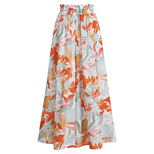 Sommerhose Damen Leicht, Damen Breites Bein Hose Elegant Sommer Hosenrock Lang Culottes Hosen Hohe Taille Chiffon Plissee Palazzo Hose mit Gummizug Einfarbig Freizeithose mit Tasche Orange Druck S von FYMNSI