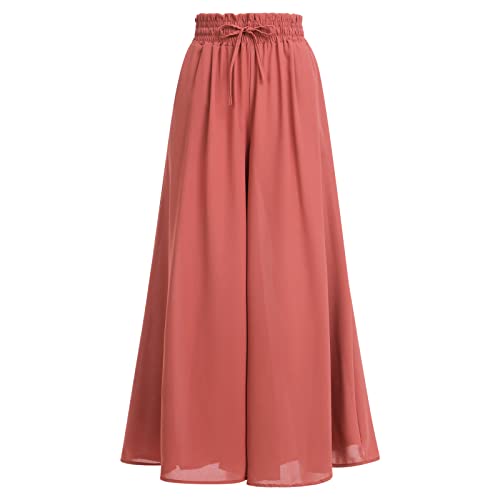 Sommerhose Damen Leicht, Damen Breites Bein Hose Elegant Sommer Hosenrock Lang Culottes Hosen Hohe Taille Chiffon Plissee Palazzo Hose mit Gummizug Einfarbig Freizeithose mit Tasche Ziegelrot XL von FYMNSI