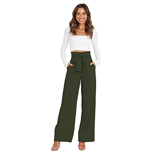 Stoffhose Damen Hohe Taille Palazzo Hose Casual Paperbag Hose Weite Beine Anzughose Elegant Leichte Elastische Taille High Waist Schleife Gürtel Business Hose mit Taschen Sommer Herbst Armee Grün M von FYMNSI