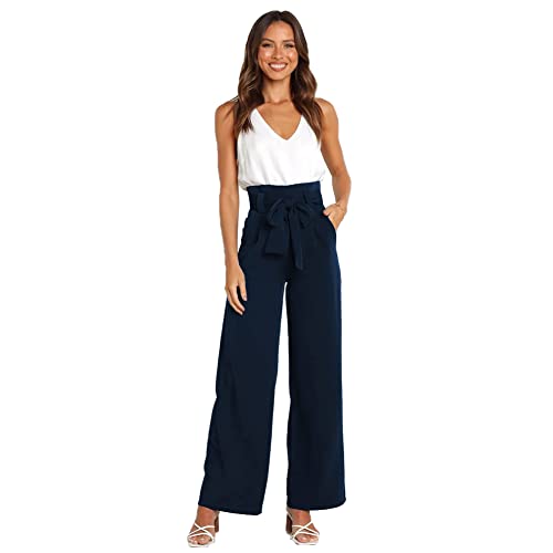 Stoffhose Damen Hohe Taille Palazzo Hose Casual Paperbag Hose Weite Beine Anzughose Elegant Leichte Elastische Taille High Waist Schleife Gürtel Business Hose mit Taschen Sommer Herbst Marineblau M von FYMNSI