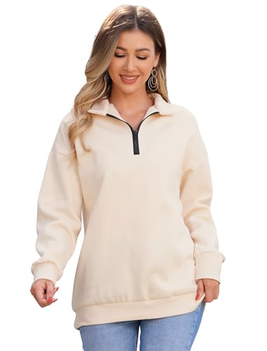 Sweatshirt Damen 1/4 Rei?verschluss Basic Pullover Half Zip Einfarbig Fleece Oberteile Oversize Pulli Stehkragen Langarmshirt Jumper Bluse Tops Herbst Winter Y2K Casual Freizeit Kleidung Aprikose S von FYMNSI