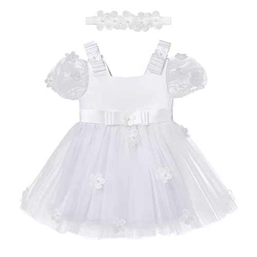 Taufkleid Baby Mädchen Prinzessin Kleid Blumenmädchenkleid 1 Jahr Geburtstagskleid Festlich Festkleid mit Stirnband Hochzeit Geburtstag Partykleid Festzug Besondere Anlässe Weiß Blumen 12-18 Monate von FYMNSI