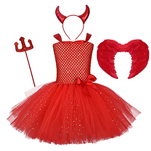 Teufel Kostüm Kinder Mädchen Teufelskostüm Teufelin Prinzessin Tüllkleid mit Engelsflügel Hörner Stirnband Heugabel Set für Halloween Karneval Cosplay Geburtstag Party Fasching Mottoparty Rot 7-8J von FYMNSI