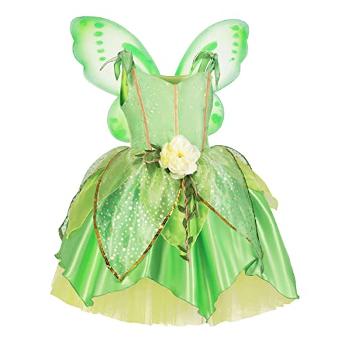 Tinkerbell Kostüm Grüne Fee Kleid mit Schmetterling Flügel für Mädchen Kinder Fasching Feenkostüm Halloween Cosplay Geburtstag Party Karneval Ankleiden Prinzessin Partykleid Festkleid Grün 4-5 Jahre von FYMNSI